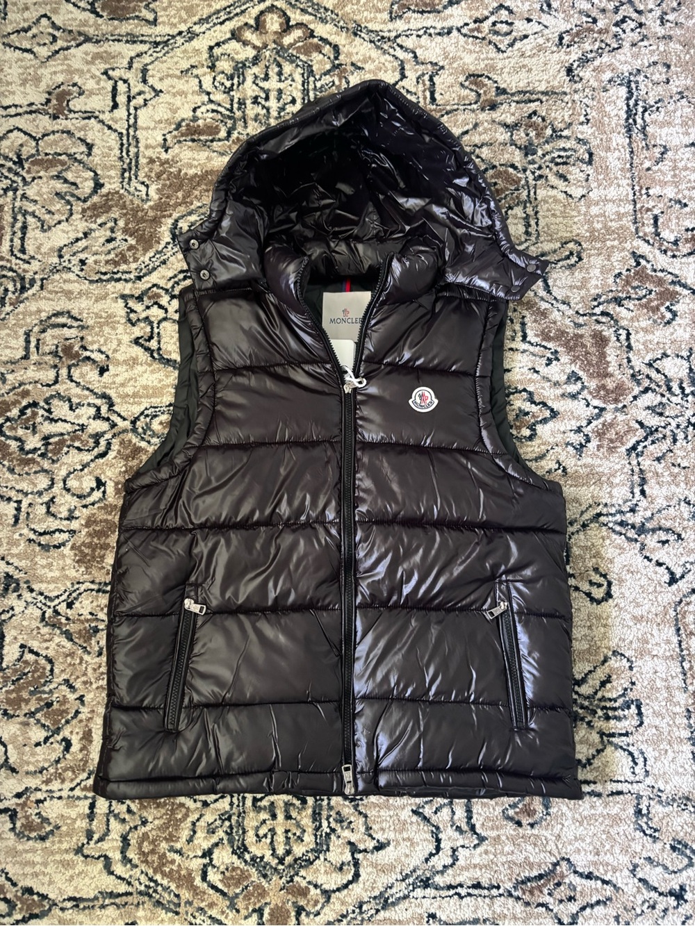 Moncler Shiny Quilted Hooded Vest in Deep Brown